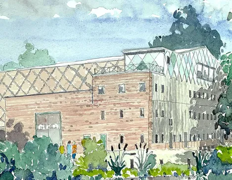 Watercolour paintin of the summer opera house designed by Skala Studio. Rear extension is designed to blend with the surrounding nature.