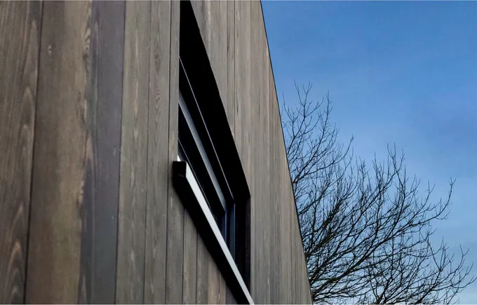 Skala Studio's design prowess shines through in this image, showcasing an external house extension enveloped in dark oak timber planks and a petite window. The backdrop is set against a brilliant, cloudless blue sky, and a leafless tree with intricate black branches adds a touch of natural elegance to the scene.